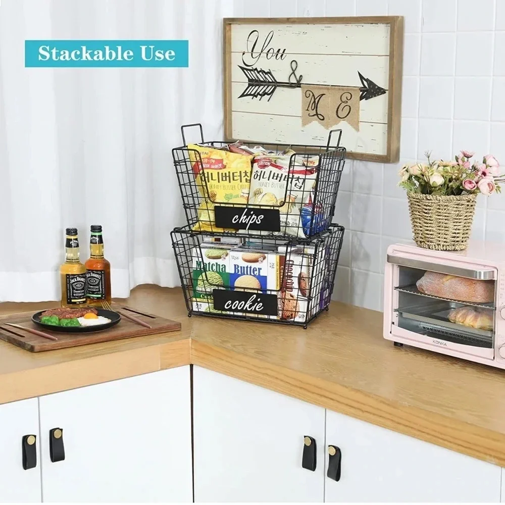 NIB 2 Stackable Wire Storage Baskets with Wood Lid and Chalkboards